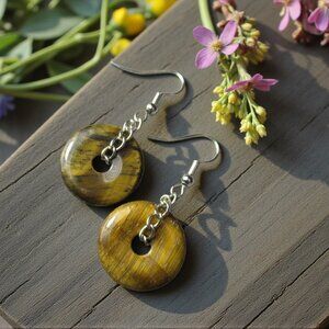 Tigers Eye Earrings, Silver Curb Chain, Pierced
